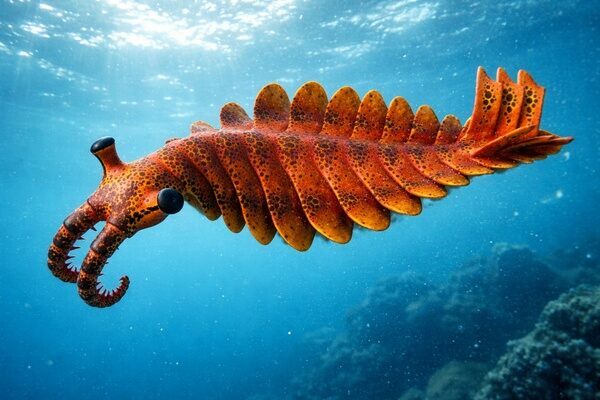Anomalocaris was a large, agile Cambrian predator that cruised ancient oceans using its flapping side lobes, grasping prey with spiny front appendages and seeing with advanced compound eyes.
